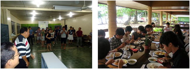 左：VSUの学長も参加して文化交流 右：宿舎に隣接した学内レストランでの食事