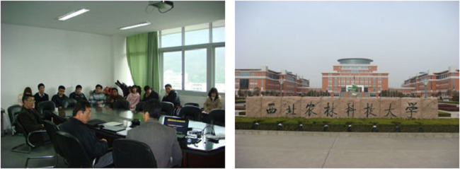 左：四川農業大学動物栄養学研究所でのセミナー 	 右：西北農林科技大学の南キャンパス正門