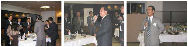 左：歓迎レセプション 中央：文心田学長の挨拶 右：山本義雄前研究科長の挨拶