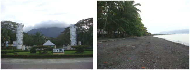 左：キャンパスの玄関 右：キャンパスの海岸