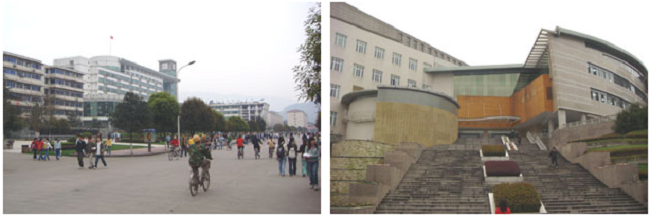 左：大学構内の風景 右：図書館