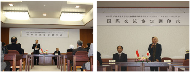 左：調印式での江坂研究科長の挨拶 右：Bendryman 水産海洋学部長の挨拶