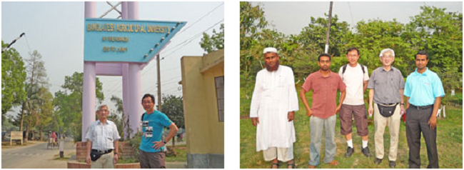 左：バングラデシュ農業大学　正門前にて吉村副研究科長（左）と前田教授（右） 右：大学の果樹園を見学